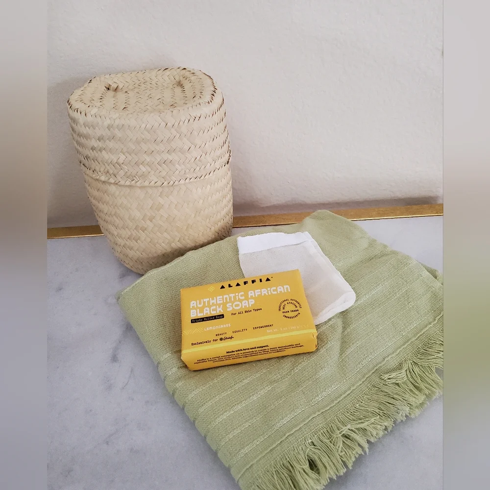 Authentic African Black Soap with Green Towel Woven Straw Basket Fair Trade